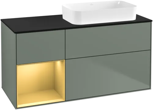 VILLEROY BOCH Toaletní skříňka Finion, s osvětlením, 3 výsuvy, 1200 x 603 x 501 mm, olivový matný lak / zlatý matný lak / černé matné sklo #F682HFGM