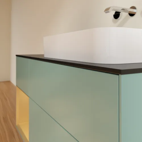VILLEROY BOCH Toaletní skříňka Finion, s osvětlením, 3 výsuvy, 1200 x 603 x 501 mm, olivový matný lak / zlatý matný lak / černé matné sklo #F682HFGM, obrázek 6