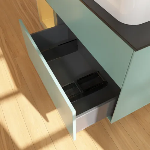 VILLEROY BOCH Toaletní skříňka Finion, s osvětlením, 3 výsuvy, 1200 x 603 x 501 mm, olivový matný lak / zlatý matný lak / černé matné sklo #F682HFGM, obrázek 7
