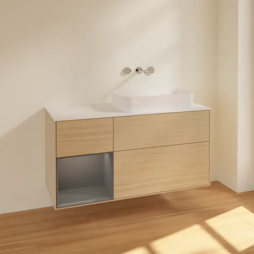 VILLEROY BOCH Toaletní skříňka Finion, s osvětlením, 3 výsuvy, 1200 x 603 x 501 mm, dubová dýha / antracitový matný lak / bílé matné sklo #F681GKPC, obrázek 2
