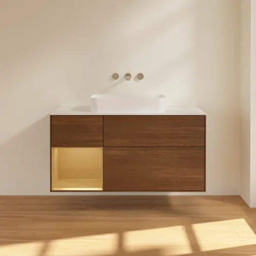 VILLEROY BOCH Toaletní skříňka Finion, s osvětlením, 3 výsuvy, 1200 x 603 x 501 mm, ořechová dýha / zlatý matný lak / sklo bílé matné #F701HFGN, obrázek 2