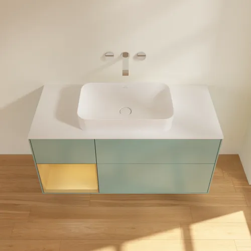 VILLEROY BOCH Toaletní skříňka Finion, s osvětlením, 3 výsuvy, 1200 x 603 x 501 mm, olivový matný lak / zlatý matný lak / bílé matné sklo #F701HFGM, obrázek 3