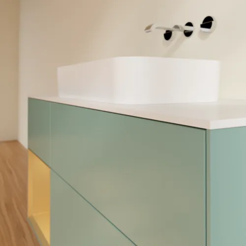 VILLEROY BOCH Toaletní skříňka Finion, s osvětlením, 3 výsuvy, 1200 x 603 x 501 mm, olivový matný lak / zlatý matný lak / bílé matné sklo #F701HFGM, obrázek 5