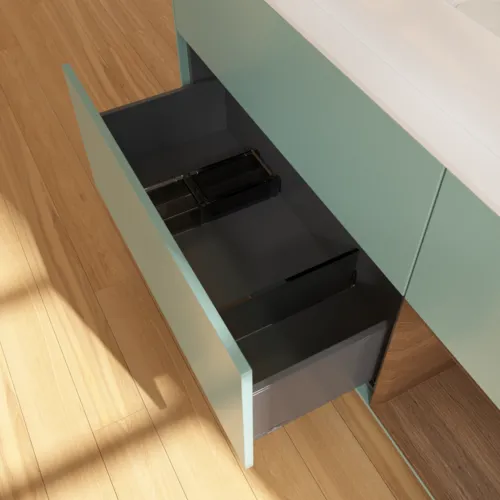 VILLEROY BOCH Toaletní skříňka Finion, s osvětlením, 3 výsuvy, 1200 x 603 x 501 mm, olivový matný lak / ořechová dýha / sklo bílé matné #F711GNGM, obrázek 5