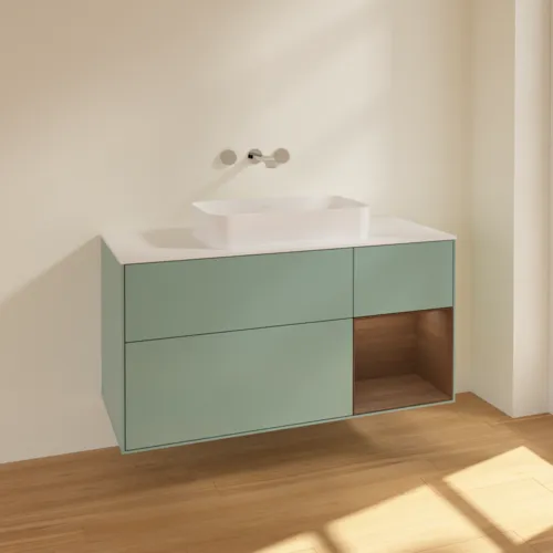 VILLEROY BOCH Toaletní skříňka Finion, s osvětlením, 3 výsuvy, 1200 x 603 x 501 mm, olivový matný lak / ořechová dýha / sklo bílé matné #F711GNGM, obrázek 2