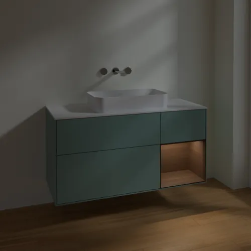 VILLEROY BOCH Toaletní skříňka Finion, s osvětlením, 3 výsuvy, 1200 x 603 x 501 mm, olivový matný lak / ořechová dýha / sklo bílé matné #F711GNGM, obrázek 4
