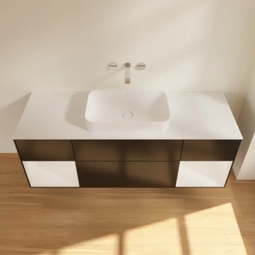 VILLEROY BOCH Toaletní skříňka Finion, s osvětlením, 4 výsuvy, 1600 x 603 x 501 mm, černý matný lak / bílý lesklý lak / bílé matné sklo #F741GFPD, obrázek 4