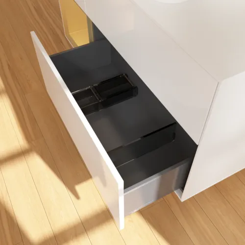 VILLEROY BOCH Toaletní skříňka Finion, s osvětlením, 3 výsuvy, 1200 x 603 x 501 mm, lesklý bílý lak / zlatý matný lak / bílé matné sklo #F701HFGF, obrázek 3