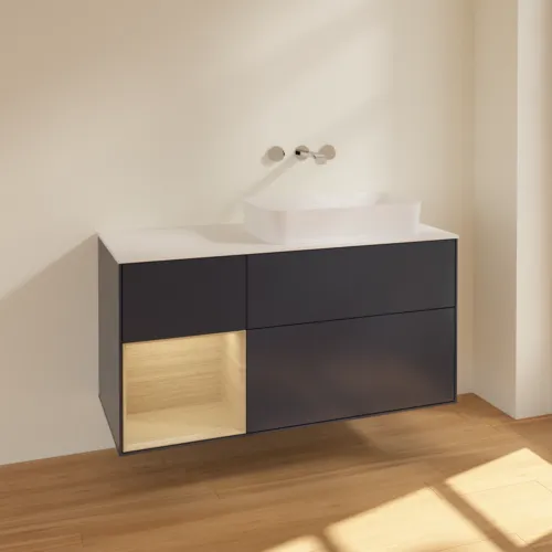 VILLEROY BOCH Toaletní skříňka Finion, s osvětlením, 3 výsuvy, 1200 x 603 x 501 mm, matný lak Midnight Blue / dubová dýha / matné bílé sklo #F681PCHG, obrázek 2