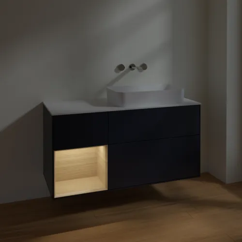 VILLEROY BOCH Toaletní skříňka Finion, s osvětlením, 3 výsuvy, 1200 x 603 x 501 mm, matný lak Midnight Blue / dubová dýha / matné bílé sklo #F681PCHG, obrázek 5