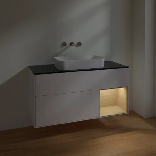 VILLEROY BOCH Toaletní skříňka Finion, s osvětlením, 3 výsuvy, 1200 x 603 x 501 mm, bílý matný lak / dubová dýha / černé matné sklo #F712PCMT, obrázek 4