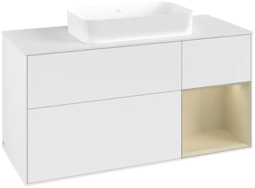 VILLEROY BOCH Toaletní skříňka Finion, s osvětlením, 3 výsuvy, 1200 x 603 x 501 mm, bílý matný lak / hedvábně šedý matný lak / bílé matné sklo #F711HJMT