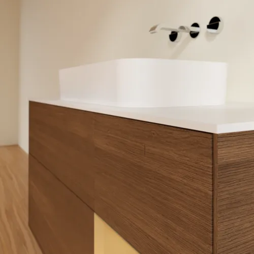 VILLEROY BOCH Toaletní skříňka Finion, s osvětlením, 3 výsuvy, 1200 x 603 x 501 mm, ořechová dýha / zlatý matný lak / sklo bílé matné #F711HFGN, obrázek 5