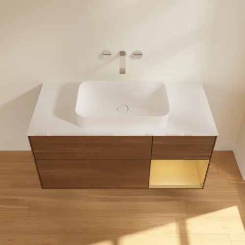 VILLEROY BOCH Toaletní skříňka Finion, s osvětlením, 3 výsuvy, 1200 x 603 x 501 mm, ořechová dýha / zlatý matný lak / sklo bílé matné #F711HFGN, obrázek 3