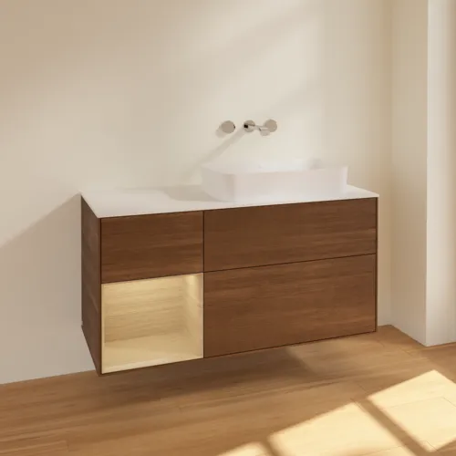VILLEROY BOCH Toaletní skříňka Finion, s osvětlením, 3 výsuvy, 1200 x 603 x 501 mm, ořechová dýha / dubová dýha / sklo bílé matné #F681PCGN, obrázek 2