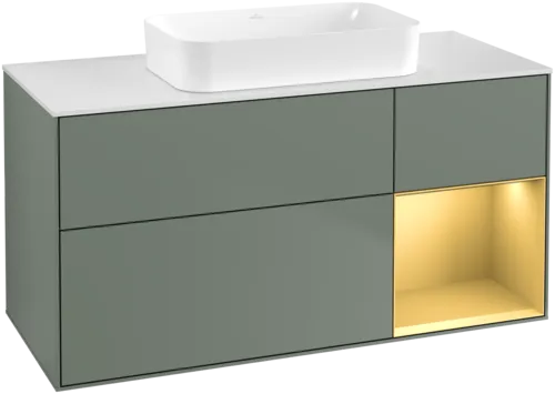 VILLEROY BOCH Toaletní skříňka Finion, s osvětlením, 3 výsuvy, 1200 x 603 x 501 mm, olivový matný lak / zlatý matný lak / bílé matné sklo #F711HFGM