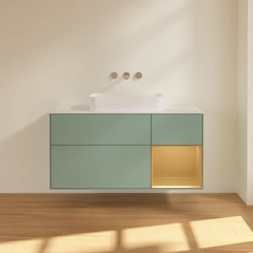 VILLEROY BOCH Toaletní skříňka Finion, s osvětlením, 3 výsuvy, 1200 x 603 x 501 mm, olivový matný lak / zlatý matný lak / bílé matné sklo #F711HFGM, obrázek 2