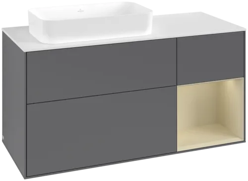 VILLEROY BOCH Toaletní skříňka Finion, s osvětlením, 3 výsuvy, 1200 x 603 x 501 mm, antracitový matný lak / hedvábně šedý matný lak / bílé matné sklo #F691HJGK