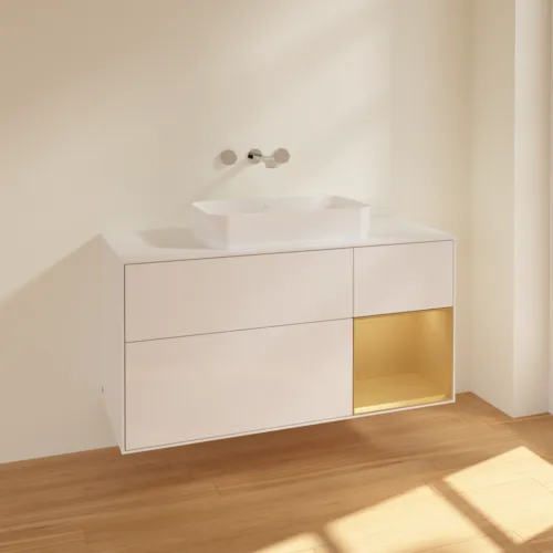 VILLEROY BOCH Toaletní skříňka Finion, s osvětlením, 3 výsuvy, 1200 x 603 x 501 mm, lesklý bílý lak / zlatý matný lak / bílé matné sklo #F711HFGF, obrázek 2