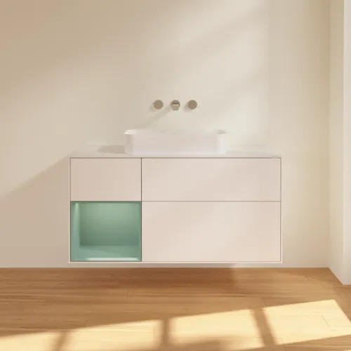 VILLEROY BOCH Toaletní skříňka Finion, s osvětlením, 3 výsuvy, 1200 x 603 x 501 mm, bílý matný lak / olivový matný lak / sklo bílé matné #F701GMMT, obrázek 2