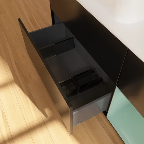 VILLEROY BOCH Toaletní skříňka Finion, s osvětlením, 3 výsuvy, 1200 x 603 x 501 mm, černý matný lak / olivový matný lak / bílé matné sklo #F691GMPD, obrázek 6