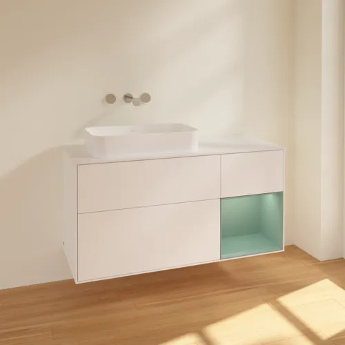 VILLEROY BOCH Toaletní skříňka Finion, s osvětlením, 3 výsuvy, 1200 x 603 x 501 mm, bílý matný lak / olivový matný lak / sklo bílé matné #F691GMMT, obrázek 2