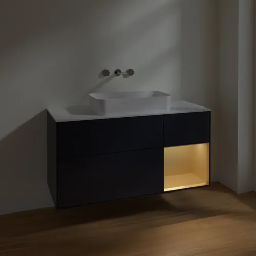 VILLEROY BOCH Toaletní skříňka Finion, s osvětlením, 3 výsuvy, 1200 x 603 x 501 mm, Midnight Blue Matt Lacquer / Gold Matt Lacquer / Glass White Matt #F711HFHG, obrázek 3