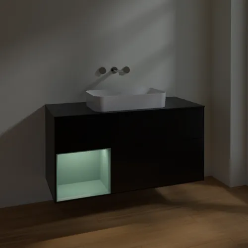 VILLEROY BOCH Toaletní skříňka Finion, s osvětlením, 3 výsuvy, 1200 x 603 x 501 mm, černý matný lak / olivový matný lak / černé matné sklo #F702GMPD, obrázek 4