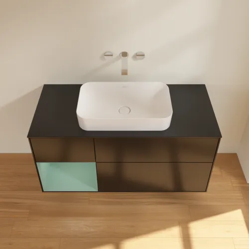 VILLEROY BOCH Toaletní skříňka Finion, s osvětlením, 3 výsuvy, 1200 x 603 x 501 mm, černý matný lak / olivový matný lak / černé matné sklo #F702GMPD, obrázek 3