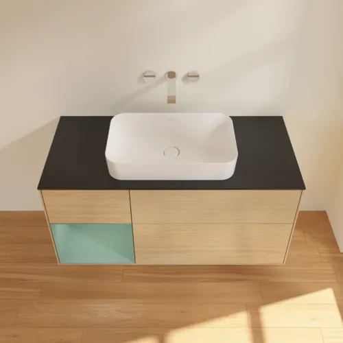 VILLEROY BOCH Toaletní skříňka Finion, s osvětlením, 3 výsuvy, 1200 x 603 x 501 mm, dubová dýha / olivově matný lak / sklo černé matné #F702GMPC, obrázek 3