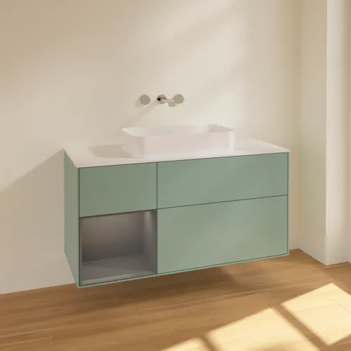 VILLEROY BOCH Toaletní skříňka Finion, s osvětlením, 3 výsuvy, 1200 x 603 x 501 mm, olivový matný lak / antracitový matný lak / bílé matné sklo #F701GKGM, obrázek 2