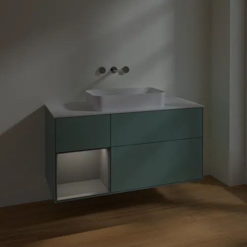 VILLEROY BOCH Toaletní skříňka Finion, s osvětlením, 3 výsuvy, 1200 x 603 x 501 mm, olivový matný lak / antracitový matný lak / bílé matné sklo #F701GKGM, obrázek 4