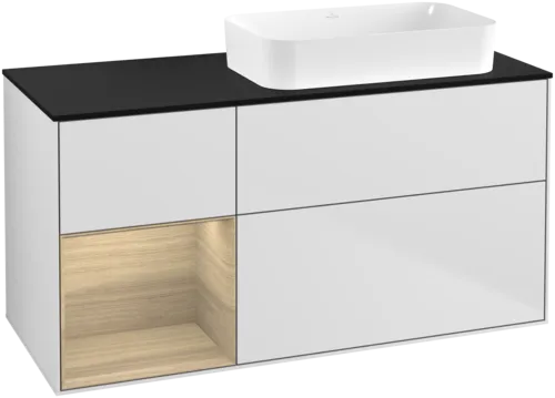 VILLEROY BOCH Toaletní skříňka Finion, s osvětlením, 3 výsuvy, 1200 x 603 x 501 mm, bílý matný lak / dubová dýha / černé matné sklo #F682PCMT