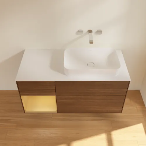 VILLEROY BOCH Toaletní skříňka Finion, s osvětlením, 3 výsuvy, 1200 x 603 x 501 mm, ořechová dýha / zlatý matný lak / sklo bílé matné #F681HFGN, obrázek 3