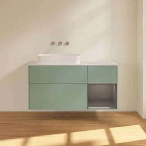 VILLEROY BOCH Toaletní skříňka Finion, s osvětlením, 3 výsuvy, 1200 x 603 x 501 mm, olivový matný lak / antracitový matný lak / bílé matné sklo #F691GKGM, obrázek 2
