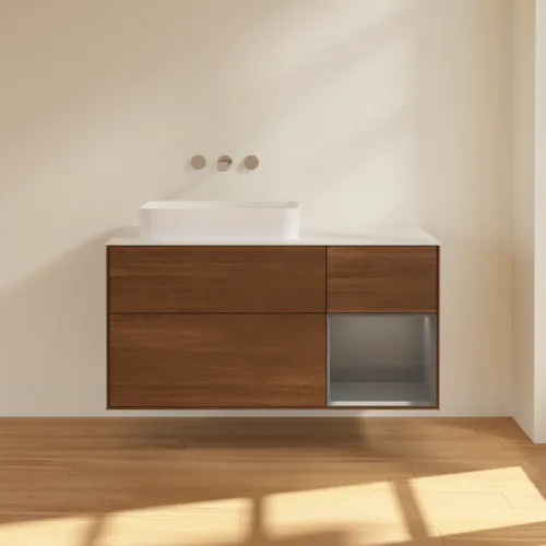 VILLEROY BOCH Toaletní skříňka Finion, s osvětlením, 3 výsuvy, 1200 x 603 x 501 mm, ořechová dýha / antracitový matný lak / bílé matné sklo #F691GKGN, obrázek 2