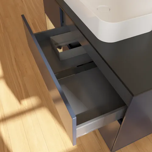 VILLEROY BOCH Toaletní skříňka Finion, s osvětlením, 3 výsuvy, 1200 x 603 x 501 mm, Midnight Blue Matt Lacquer / Oak Veneer / Glass Black Matt #F702PCHG, obrázek 5