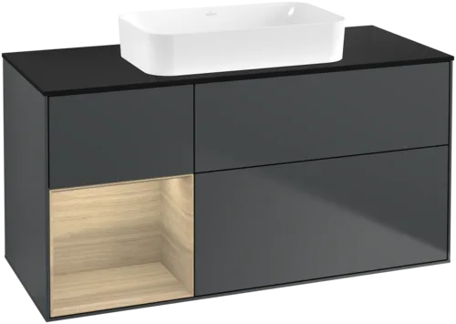 VILLEROY BOCH Toaletní skříňka Finion, s osvětlením, 3 výsuvy, 1200 x 603 x 501 mm, Midnight Blue Matt Lacquer / Oak Veneer / Glass Black Matt #F702PCHG
