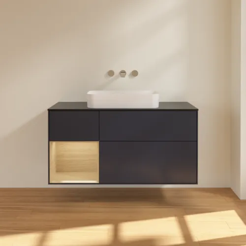 VILLEROY BOCH Toaletní skříňka Finion, s osvětlením, 3 výsuvy, 1200 x 603 x 501 mm, Midnight Blue Matt Lacquer / Oak Veneer / Glass Black Matt #F702PCHG, obrázek 2