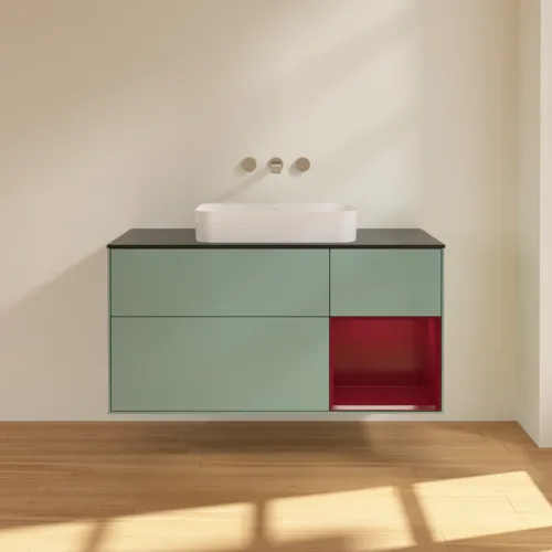VILLEROY BOCH Toaletní skříňka Finion, s osvětlením, 3 výsuvy, 1200 x 603 x 501 mm, olivový matný lak / pivoňkový matný lak / černé matné sklo #F712HBGM, obrázek 3