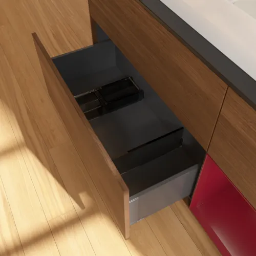 VILLEROY BOCH Toaletní skříňka Finion, s osvětlením, 3 výsuvy, 1200 x 603 x 501 mm, ořechová dýha / matný lak Pivoňka / černé matné sklo #F712HBGN, obrázek 5