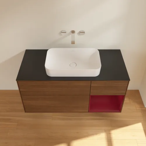 VILLEROY BOCH Toaletní skříňka Finion, s osvětlením, 3 výsuvy, 1200 x 603 x 501 mm, ořechová dýha / matný lak Pivoňka / černé matné sklo #F712HBGN, obrázek 3