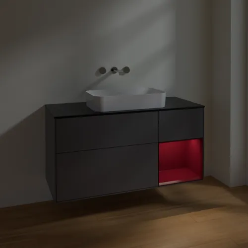 VILLEROY BOCH Toaletní skříňka Finion, s osvětlením, 3 výsuvy, 1200 x 603 x 501 mm, antracitový matný lak / pivoňkový matný lak / černé matné sklo #F712HBGK, obrázek 4