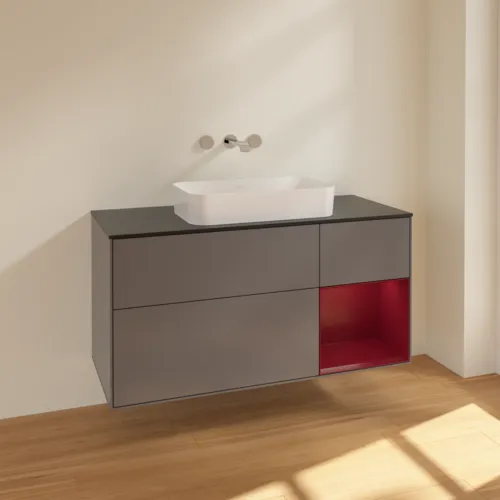 VILLEROY BOCH Toaletní skříňka Finion, s osvětlením, 3 výsuvy, 1200 x 603 x 501 mm, antracitový matný lak / pivoňkový matný lak / černé matné sklo #F712HBGK, obrázek 2