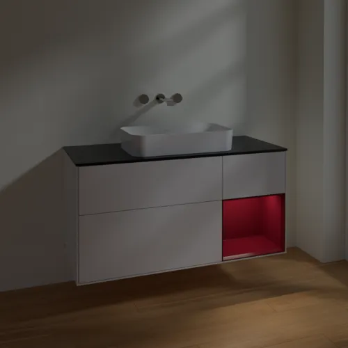 VILLEROY BOCH Toaletní skříňka Finion, s osvětlením, 3 výsuvy, 1200 x 603 x 501 mm, lesklý bílý lak / matný lak Pivoňka / matné černé sklo #F712HBGF, obrázek 4