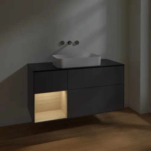 VILLEROY BOCH Toaletní skříňka Finion, s osvětlením, 3 výsuvy, 1200 x 603 x 501 mm, antracitový matný lak / dubová dýha / černé matné sklo #F702PCGK, obrázek 3