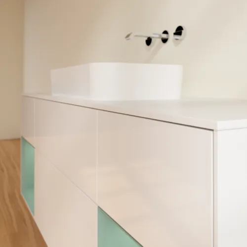 VILLEROY BOCH Toaletní skříňka Finion, s osvětlením, 4 výsuvy, 1600 x 603 x 501 mm, lesklý bílý lak / olivově matný lak / sklo bílé matné #F741GMGF, obrázek 5