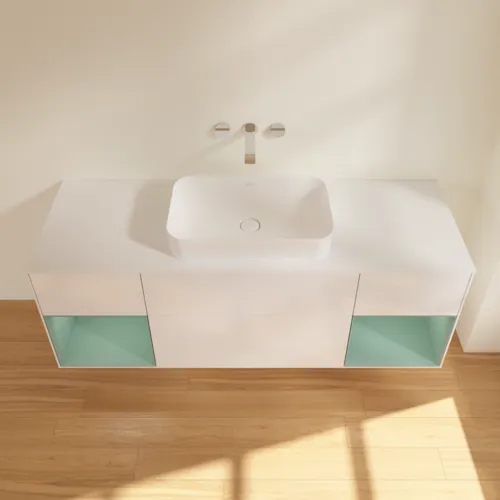 VILLEROY BOCH Toaletní skříňka Finion, s osvětlením, 4 výsuvy, 1600 x 603 x 501 mm, lesklý bílý lak / olivově matný lak / sklo bílé matné #F741GMGF, obrázek 3