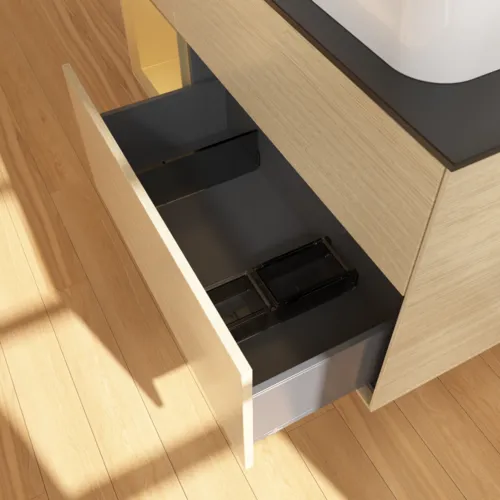 VILLEROY BOCH Toaletní skříňka Finion, s osvětlením, 3 výsuvy, 1200 x 603 x 501 mm, dubová dýha / zlatý matný lak / černé matné sklo #F682HFPC, obrázek 3