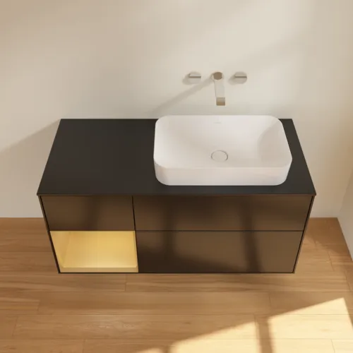 VILLEROY BOCH Toaletní skříňka Finion, s osvětlením, 3 výsuvy, 1200 x 603 x 501 mm, černý matný lak / zlatý matný lak / černé matné sklo #F682HFPD, obrázek 3